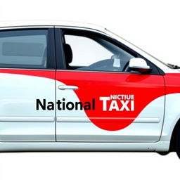 Create an image of a white taxi with a mix of three colors: red, green, and black