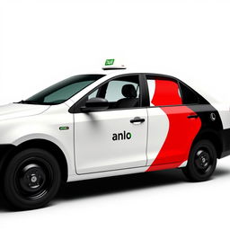 Create an image of a white taxi with a mix of three colors: red, green, and black