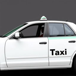 Create an image of a white taxi with a mix of three colors: red, green, and black