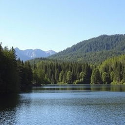 A beautiful landscape featuring a serene lake surrounded by lush green trees and mountains in the background under a clear blue sky