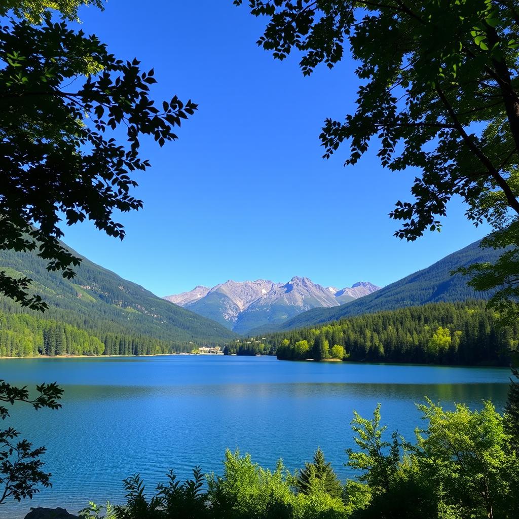 A beautiful landscape featuring a serene lake surrounded by lush green trees and mountains in the background under a clear blue sky