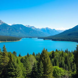 A beautiful landscape featuring a serene lake surrounded by lush green trees and mountains in the background under a clear blue sky