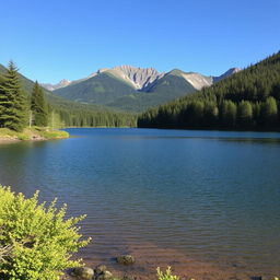 A beautiful landscape featuring a serene lake surrounded by lush green trees and mountains in the background under a clear blue sky