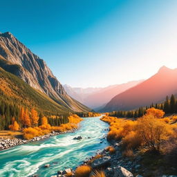 Create an image that is vibrant and visually appealing, suitable for all ages, featuring a beautiful landscape with mountains, a river, and a clear blue sky