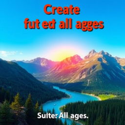 Create an image that is vibrant and visually appealing, suitable for all ages, featuring a beautiful landscape with mountains, a river, and a clear blue sky