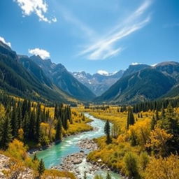 Create an image that is vibrant and visually appealing, suitable for all ages, featuring a beautiful landscape with mountains, a river, and a clear blue sky