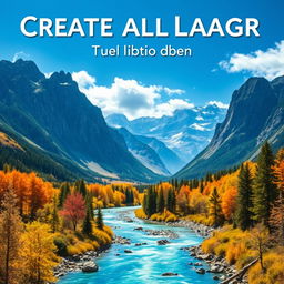 Create an image that is vibrant and visually appealing, suitable for all ages, featuring a beautiful landscape with mountains, a river, and a clear blue sky