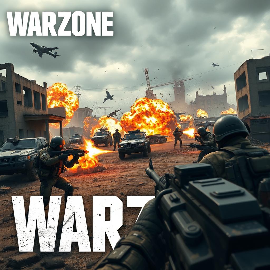A dynamic and intense scene of a Warzone match in a modern battlefield setting
