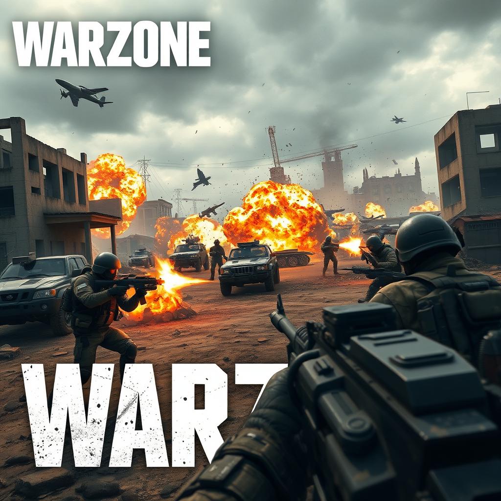 A dynamic and intense scene of a Warzone match in a modern battlefield setting