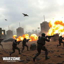 A dynamic and intense scene of a Warzone match in a modern battlefield setting