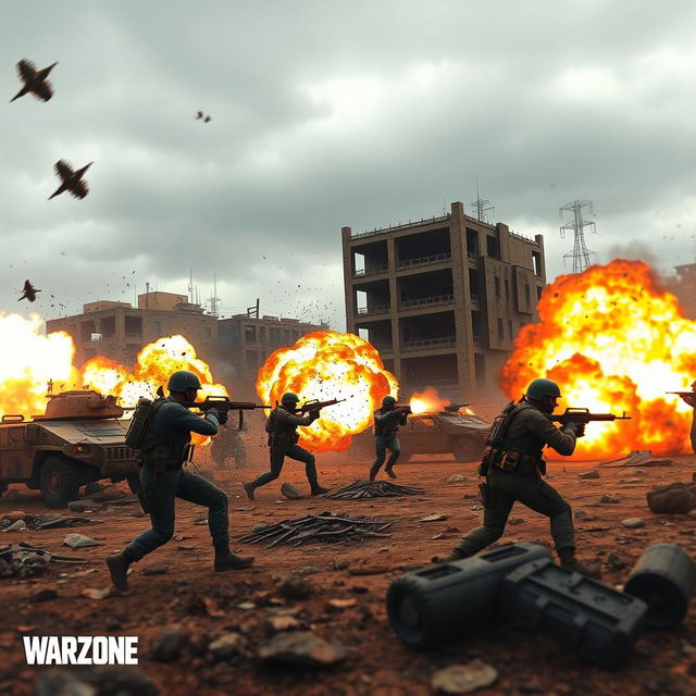 A dynamic and intense scene of a Warzone match in a modern battlefield setting