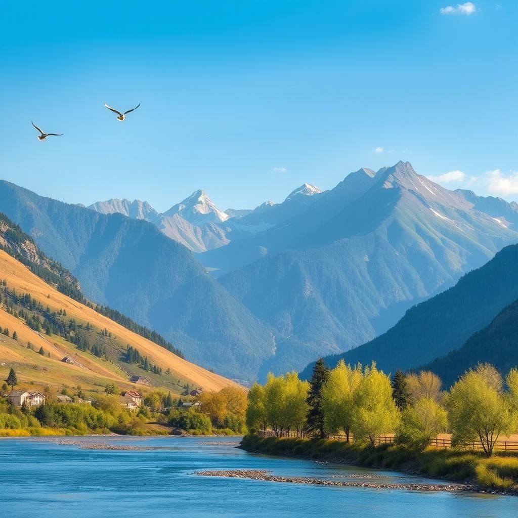 A beautiful landscape with mountains, a river, and a clear blue sky