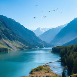 A beautiful landscape with mountains, a river, and a clear blue sky