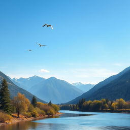 A beautiful landscape with mountains, a river, and a clear blue sky