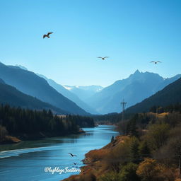 A beautiful landscape with mountains, a river, and a clear blue sky