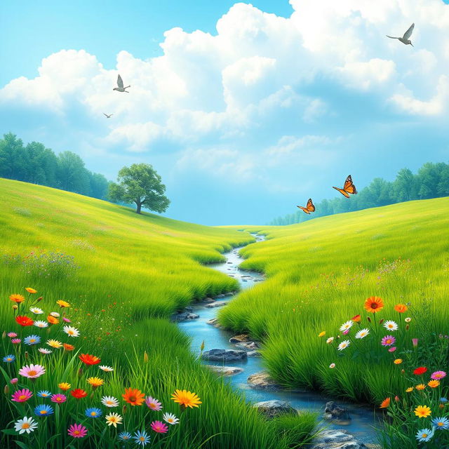 Create a serene landscape featuring a lush green meadow with colorful flowers, a clear blue sky, and a gentle stream flowing through the scene