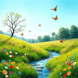 Create a serene landscape featuring a lush green meadow with colorful flowers, a clear blue sky, and a gentle stream flowing through the scene