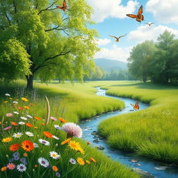 Create a serene landscape featuring a lush green meadow with colorful flowers, a clear blue sky, and a gentle stream flowing through the scene