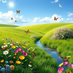 Create a serene landscape featuring a lush green meadow with colorful flowers, a clear blue sky, and a gentle stream flowing through the scene