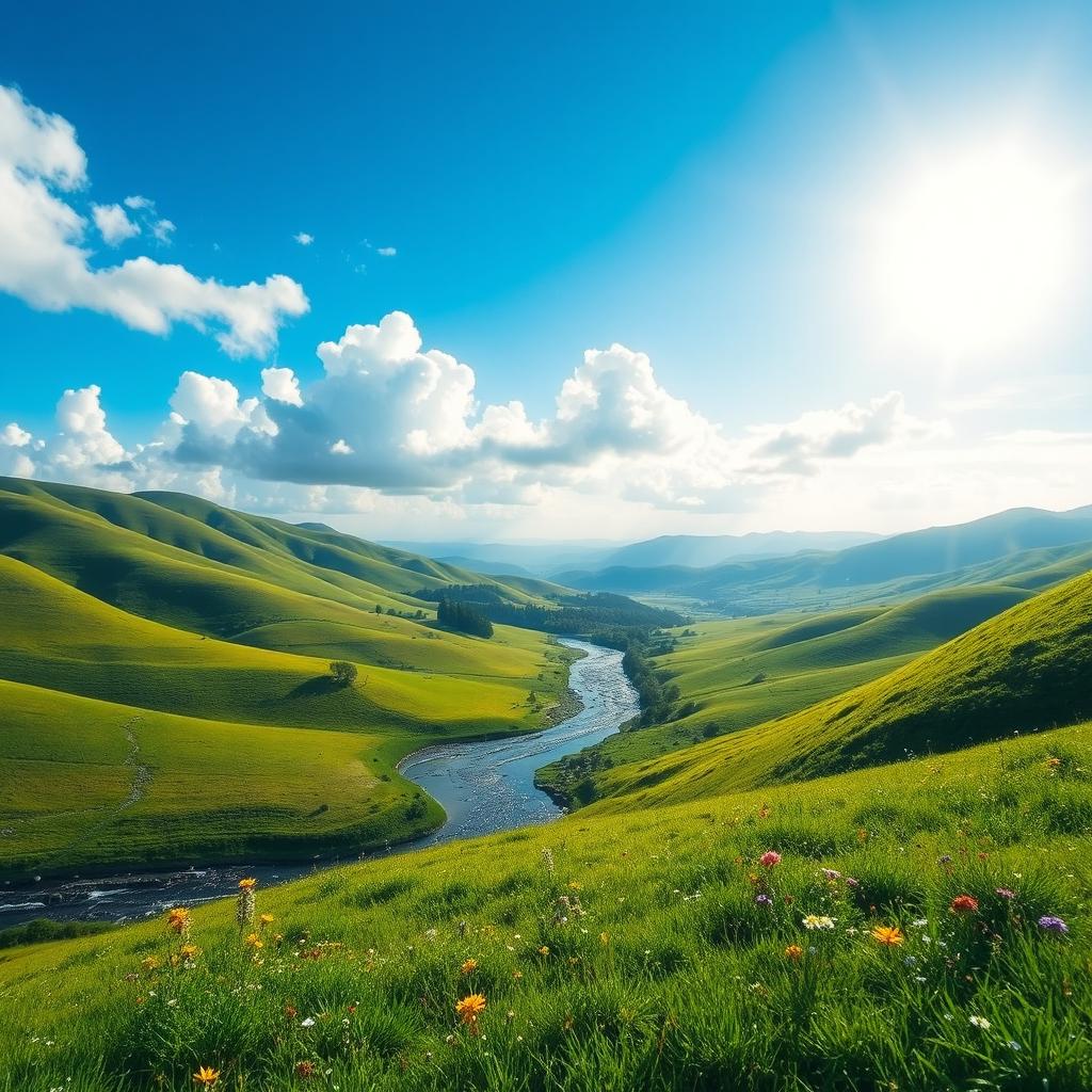 A beautiful landscape featuring rolling green hills, a clear blue sky with fluffy white clouds, and a sparkling river winding through the scene