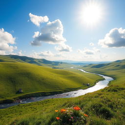 A beautiful landscape featuring rolling green hills, a clear blue sky with fluffy white clouds, and a sparkling river winding through the scene