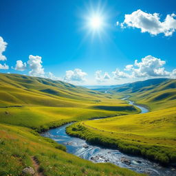 A beautiful landscape featuring rolling green hills, a clear blue sky with fluffy white clouds, and a sparkling river winding through the scene