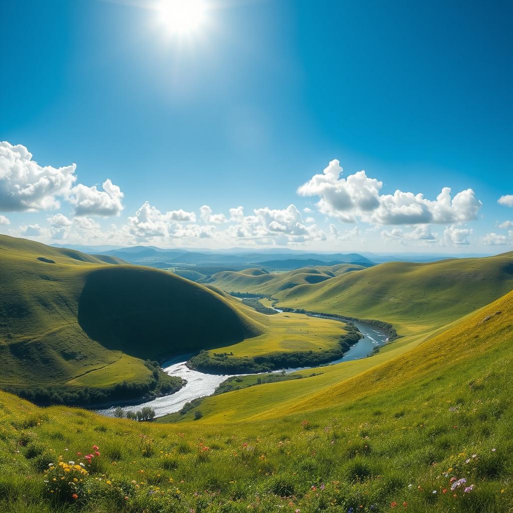 A beautiful landscape featuring rolling green hills, a clear blue sky with fluffy white clouds, and a sparkling river winding through the scene