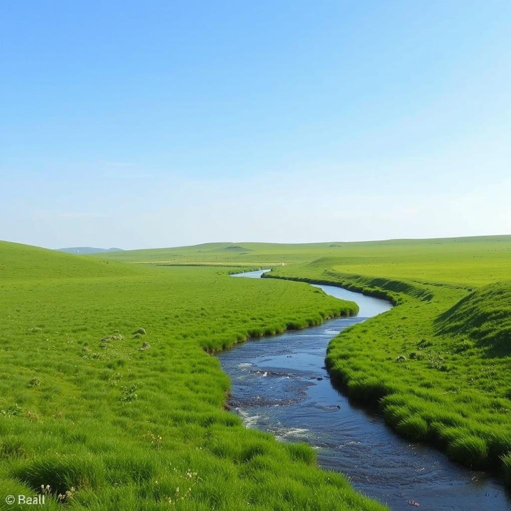 A serene landscape featuring a clear blue sky, lush green meadows, and a gentle river flowing through the scene