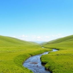 A serene landscape featuring a clear blue sky, lush green meadows, and a gentle river flowing through the scene