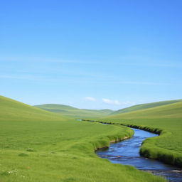 A serene landscape featuring a clear blue sky, lush green meadows, and a gentle river flowing through the scene