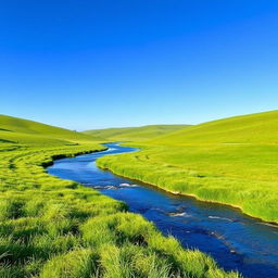 A serene landscape featuring a clear blue sky, lush green meadows, and a gentle river flowing through the scene