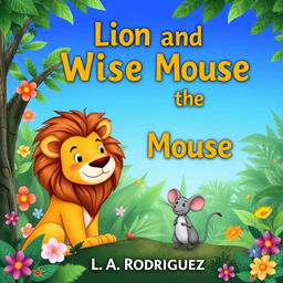 A whimsical illustration of a lion and a mouse in a lush jungle setting