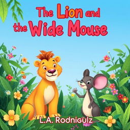 A whimsical illustration of a lion and a mouse in a lush jungle setting