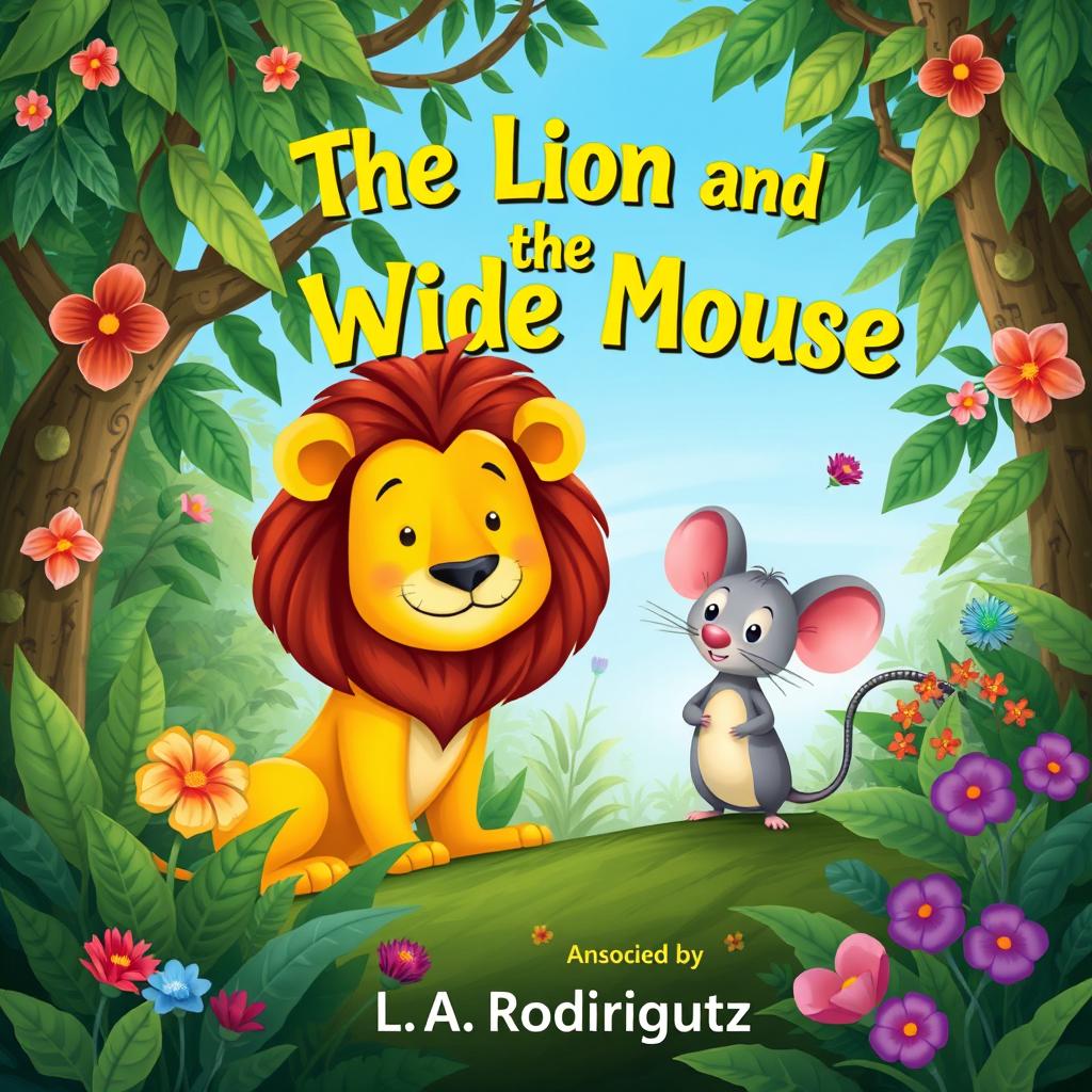 A whimsical illustration of a lion and a mouse in a lush jungle setting