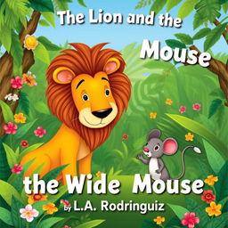 A whimsical illustration of a lion and a mouse in a lush jungle setting