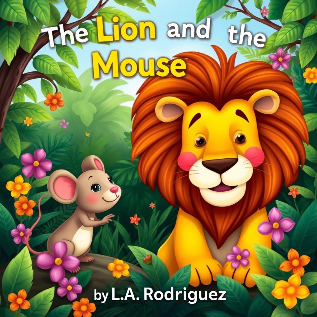 A whimsical illustration of a lion and a mouse in a lush jungle setting