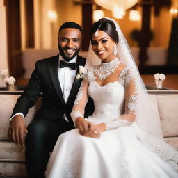 A brown-skinned groom, dressed in a black suit, sits with his white, veiled Muslim bride on a couch