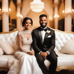 A brown-skinned groom, dressed in a black suit, sits with his white, veiled Muslim bride on a couch