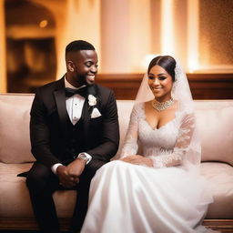 A brown-skinned groom, dressed in a black suit, sits with his white, veiled Muslim bride on a couch