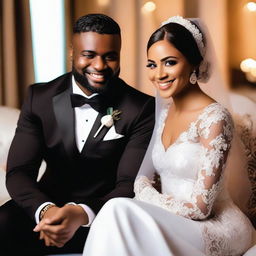 A brown-skinned groom, dressed in a black suit, sits with his white, veiled Muslim bride on a couch