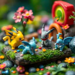 Create a miniature scene featuring Pokemon characters in a vibrant and colorful environment