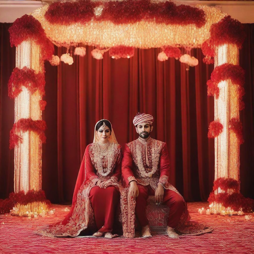 A red kosha on which a Muslim couple sits at their wedding