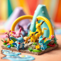 Create a miniature scene featuring Pokemon characters in a vibrant and colorful environment