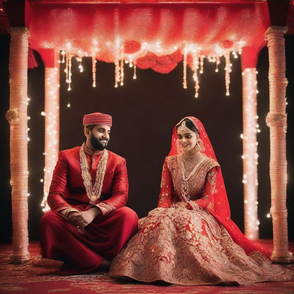 A red kosha on which a Muslim couple sits at their wedding