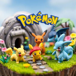 Create a miniature scene featuring Pokemon characters in a vibrant and colorful environment