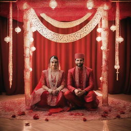 A red kosha on which a Muslim couple sits at their wedding