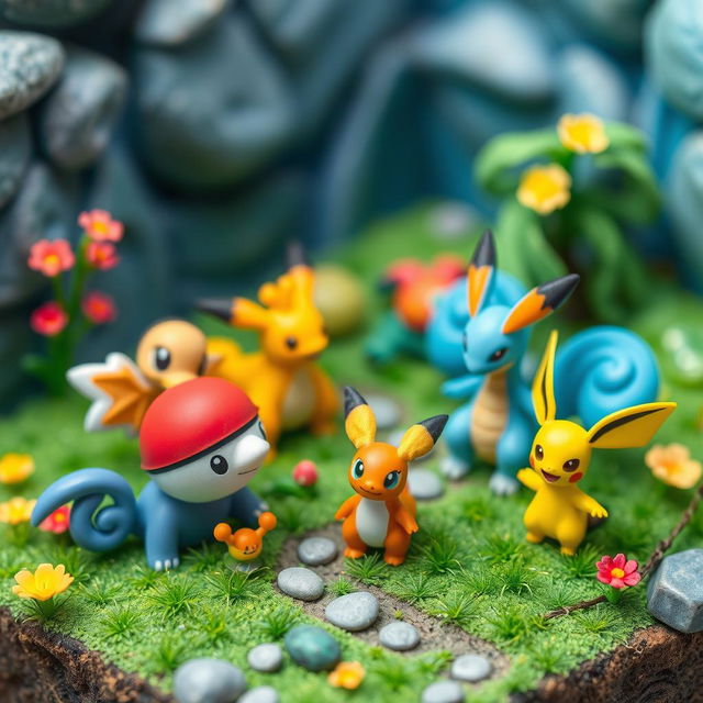 Create a miniature scene featuring Pokemon characters in a vibrant and colorful environment