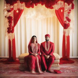 A red kosha on which a Muslim couple sits at their wedding