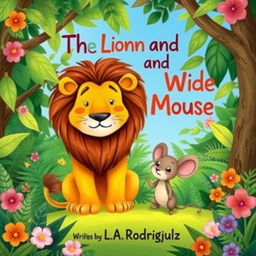 A whimsical illustration of a lion and a mouse in a lush jungle setting