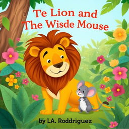 A whimsical illustration of a lion and a mouse in a lush jungle setting